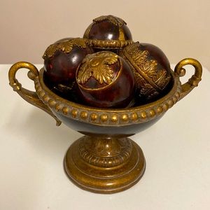 Ornate Decorative Balls in Pedestal Centerpiece Bowl Burgundy & Gold finished